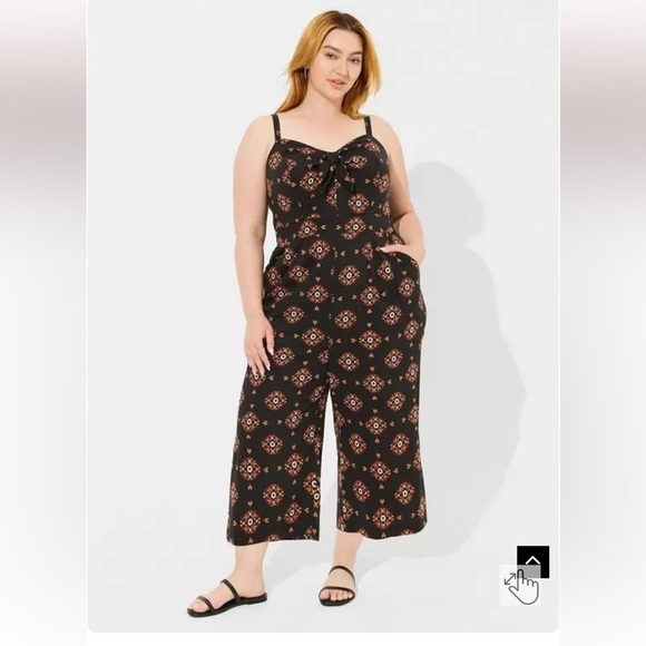 Torrid Tie Front Culotte Bohemian Batik Suns Deep Black Jumpsuit Sz 1 14-16 NWT - Picture 9 of 10